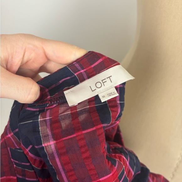 Loft Balloon Short Sleeve Top Plaid Multicolor V Neck M - Picture 4 of 4